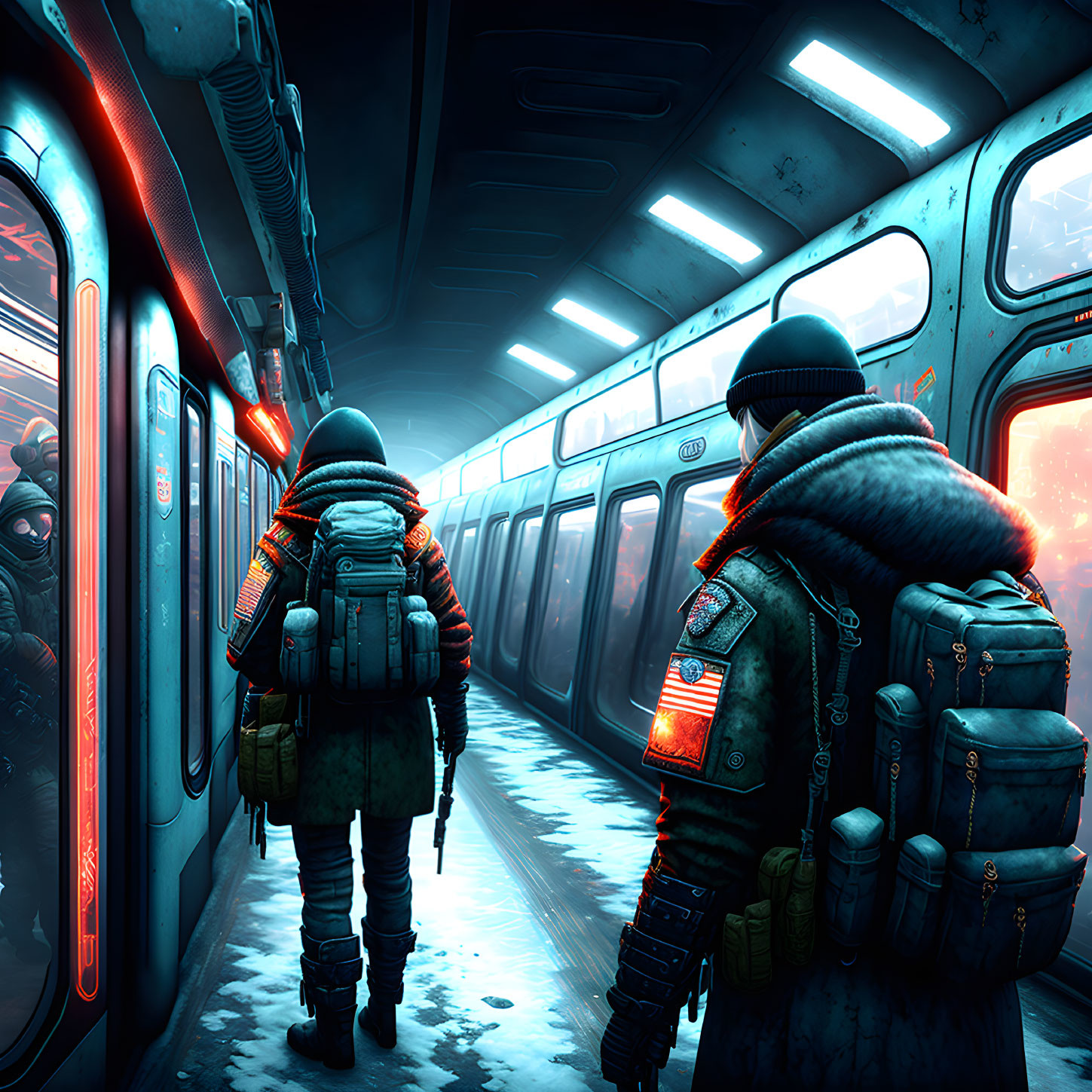 Two people in heavy coats at illuminated subway station