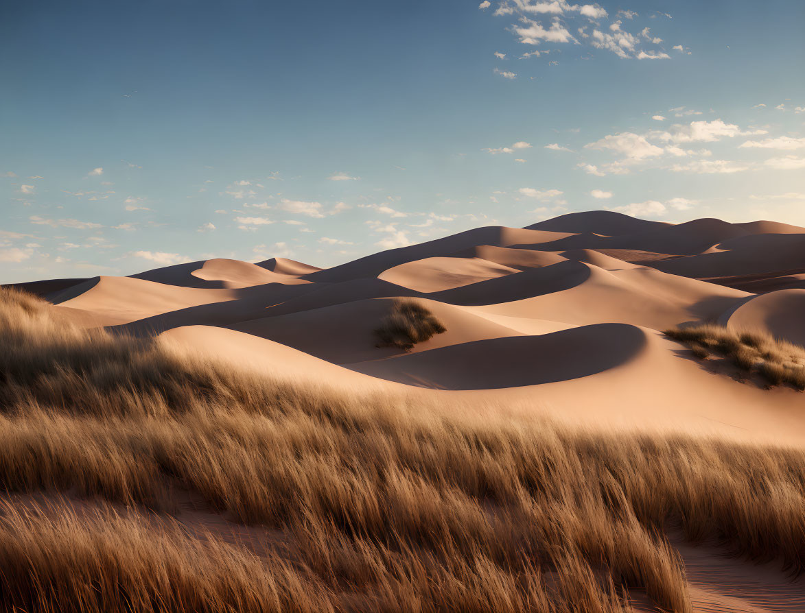 Tranquil desert landscape with rolling sand dunes and dry grass at dusk or dawn