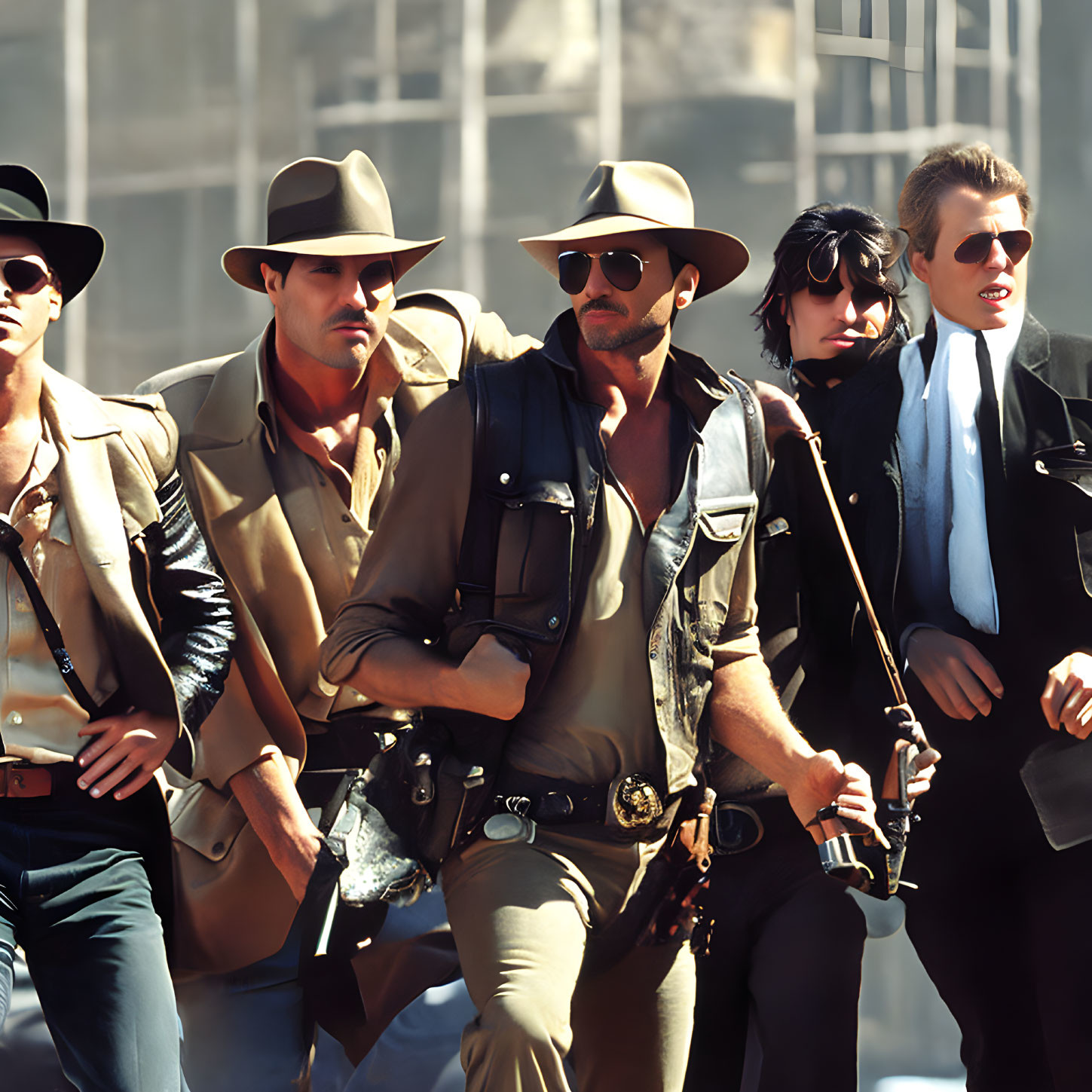 Five Men Styled as Rugged Cowboys Walking Confidently in Urban Setting