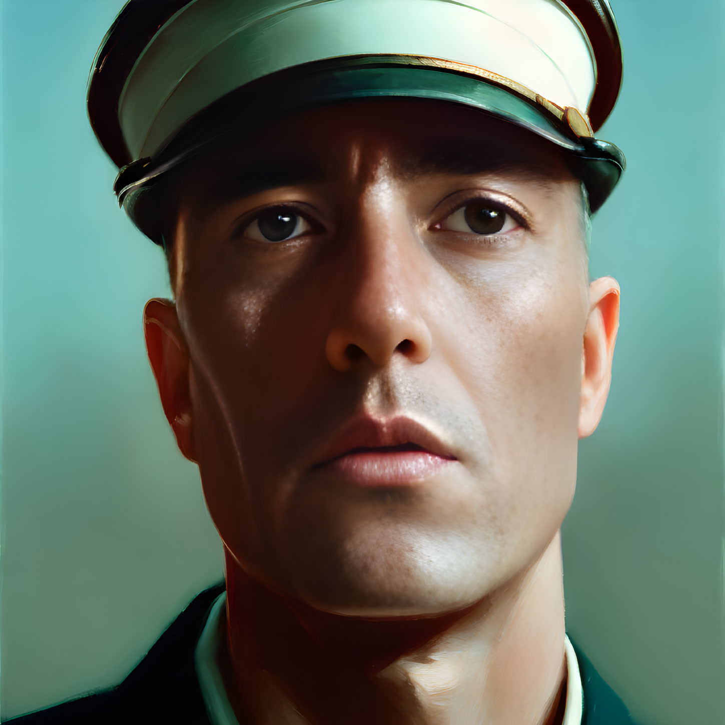 Stern man in military cap on teal background