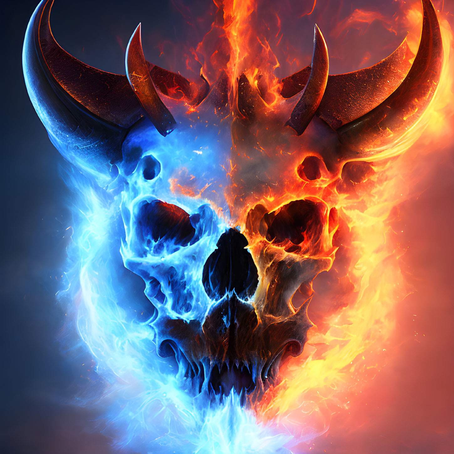 Burning skull with orange and blue flames and horns in dark background