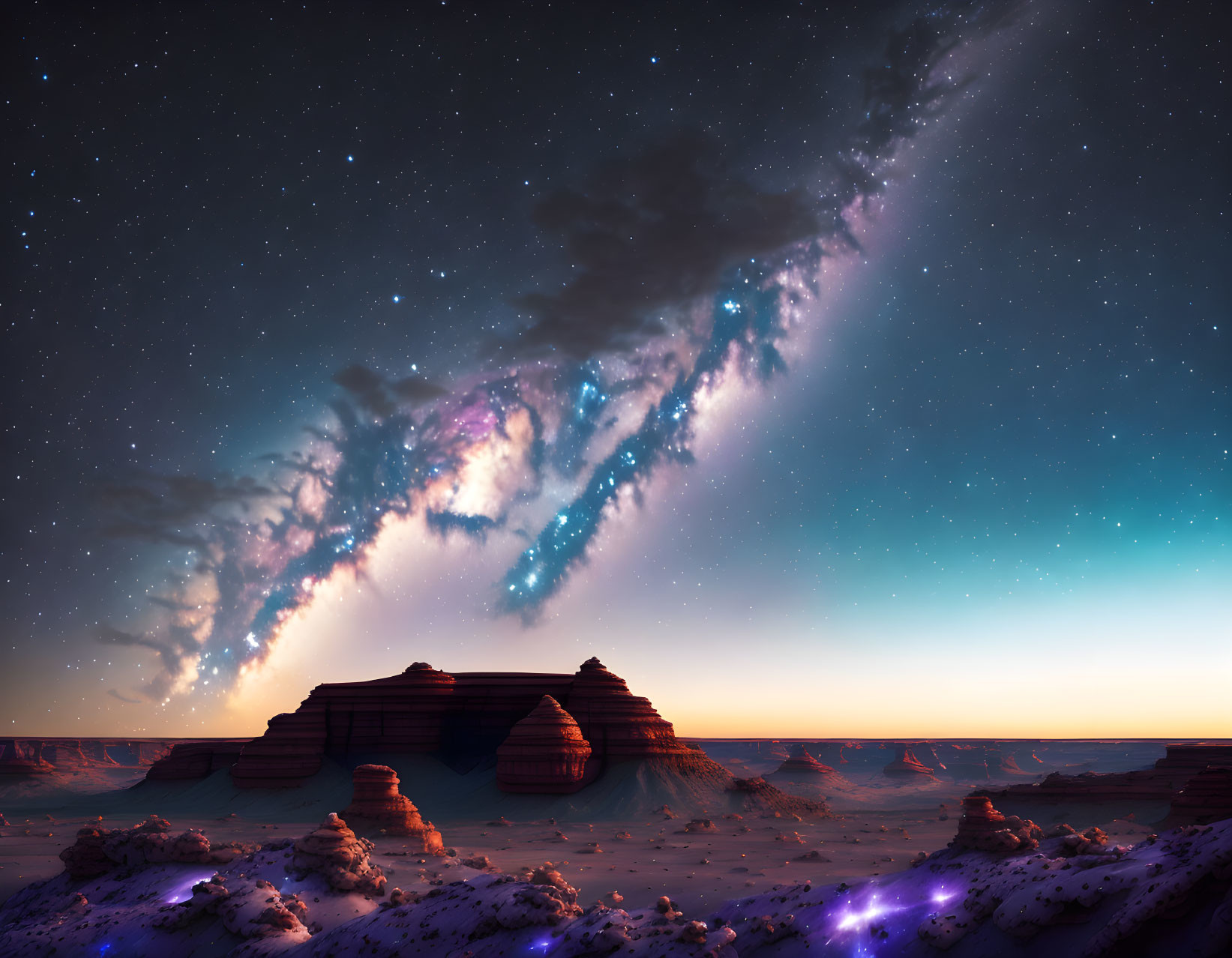 Starry galaxy over textured desert landscape at twilight