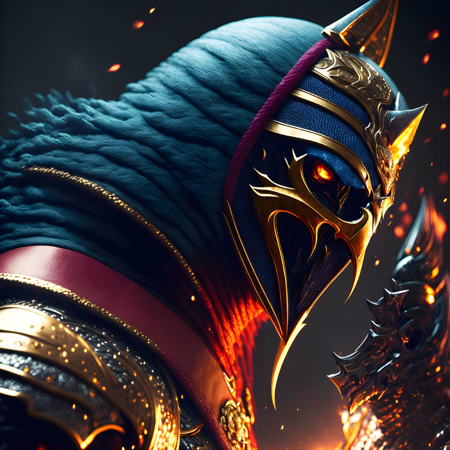 Fantasy armored character with blue helmet and golden mask on fiery orange background