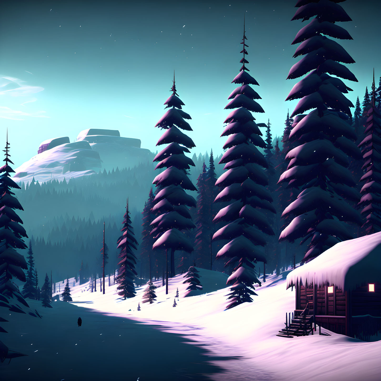 Snowy Dusk Landscape: Pine Trees, Cabin, Glowing Sky