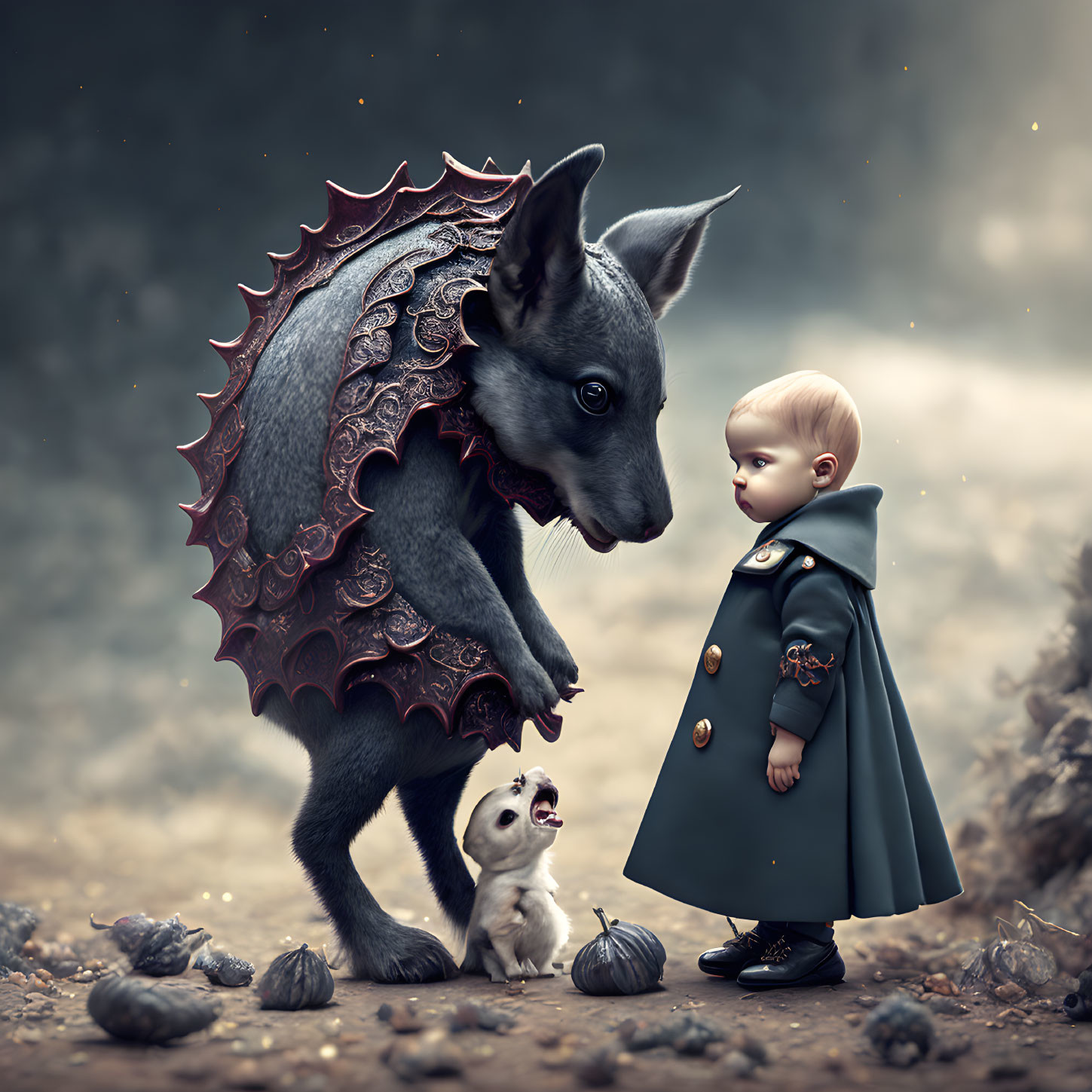 Toddler in dark cloak meets black fantasy creature with frilled spine and cat nearby.