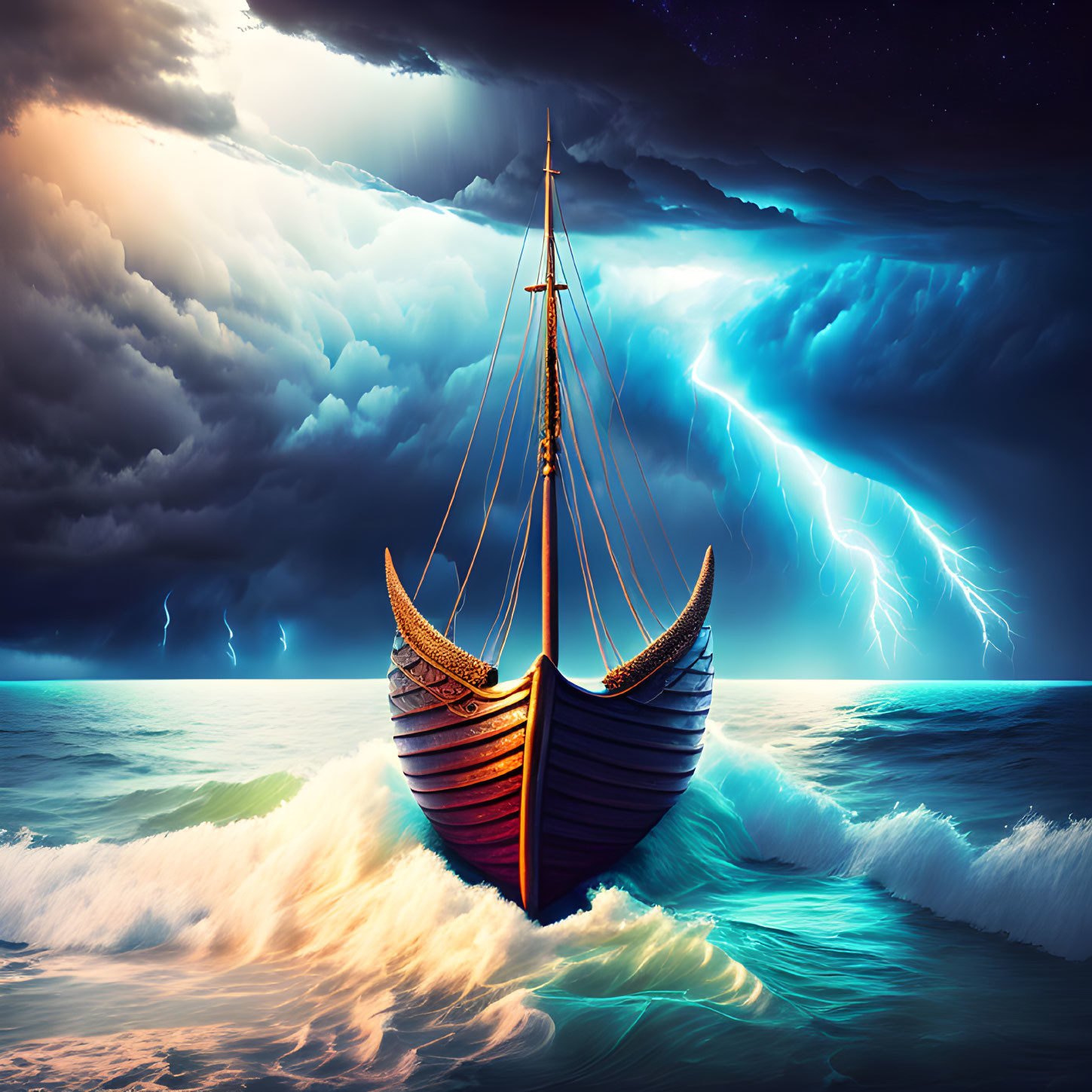 Viking ship navigating stormy seas under dramatic sky with lightning bolts.