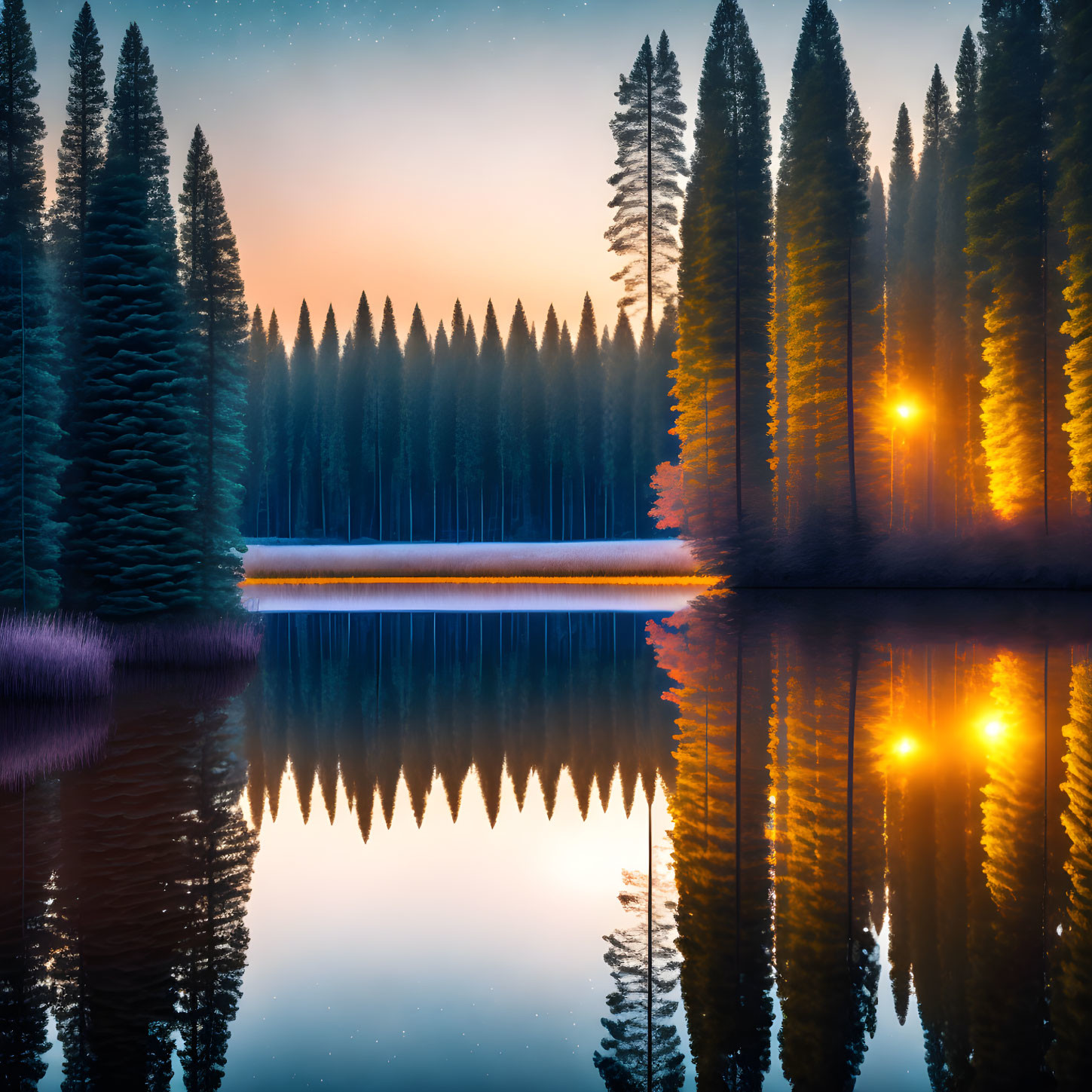 Tranquil lake scene with tall pine trees and streetlights at twilight