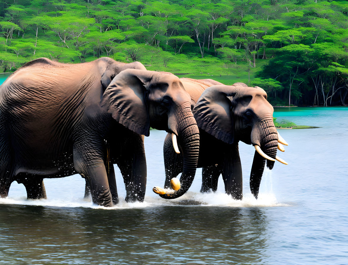 Three elephants wading in lush green water landscape