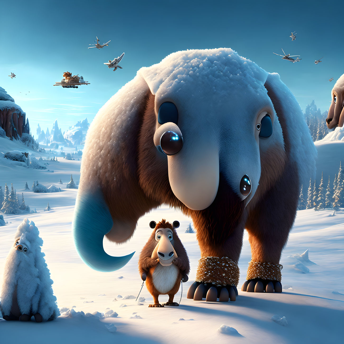 Winter Animated Scene with Woolly Mammoth, Saber-Toothed Squirrel, and Flying Ships