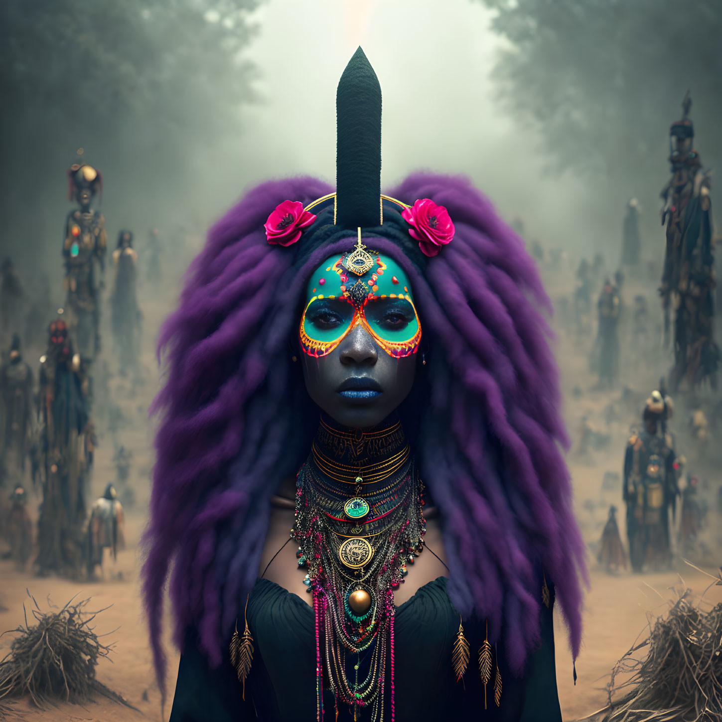 Vibrant purple hair and elaborate face paint in misty forest scene