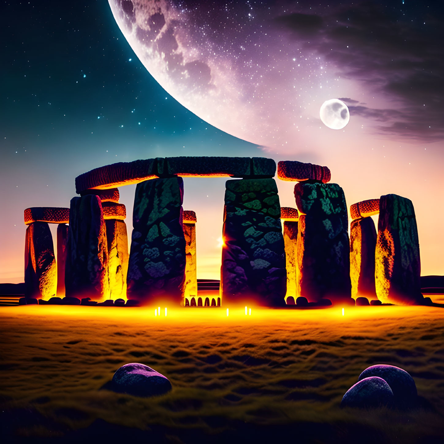 Ancient stone circle under twilight sky with moon, candles, and glowing stones