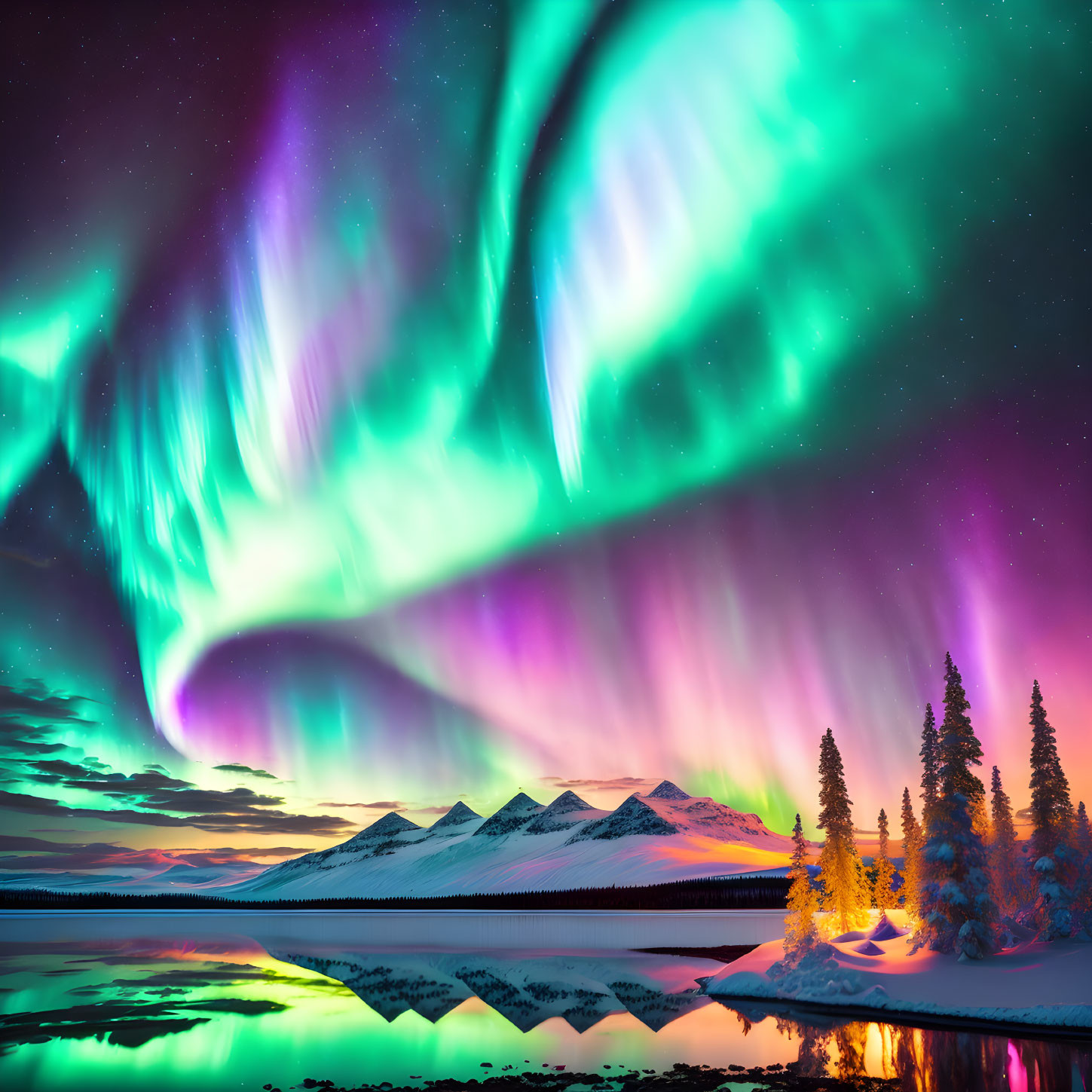 Colorful Aurora Borealis Over Snowy Mountains and Serene Lake