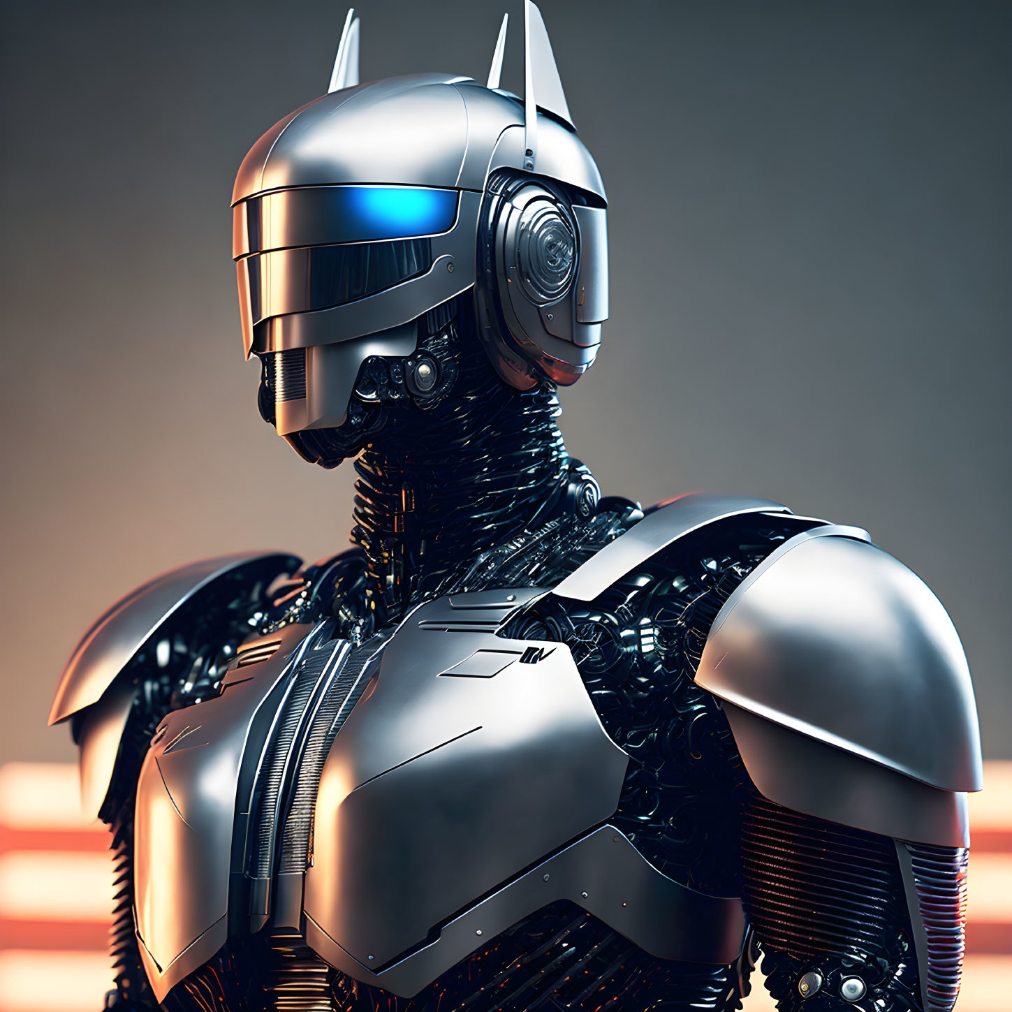 Futuristic robot with visored head and metallic armor on illuminated background