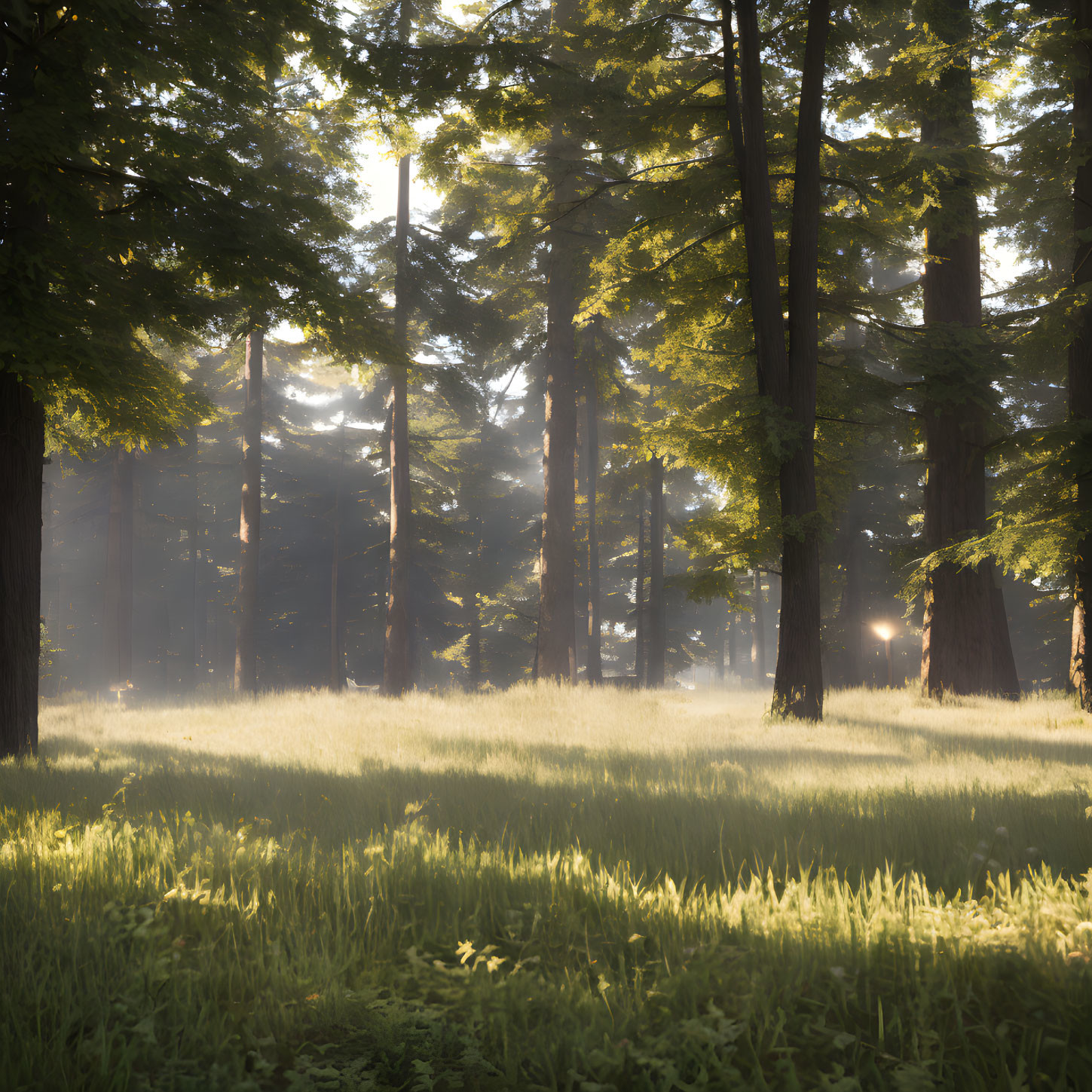 Forest sunlight filters through dense canopy, casting serene rays on grassy floor