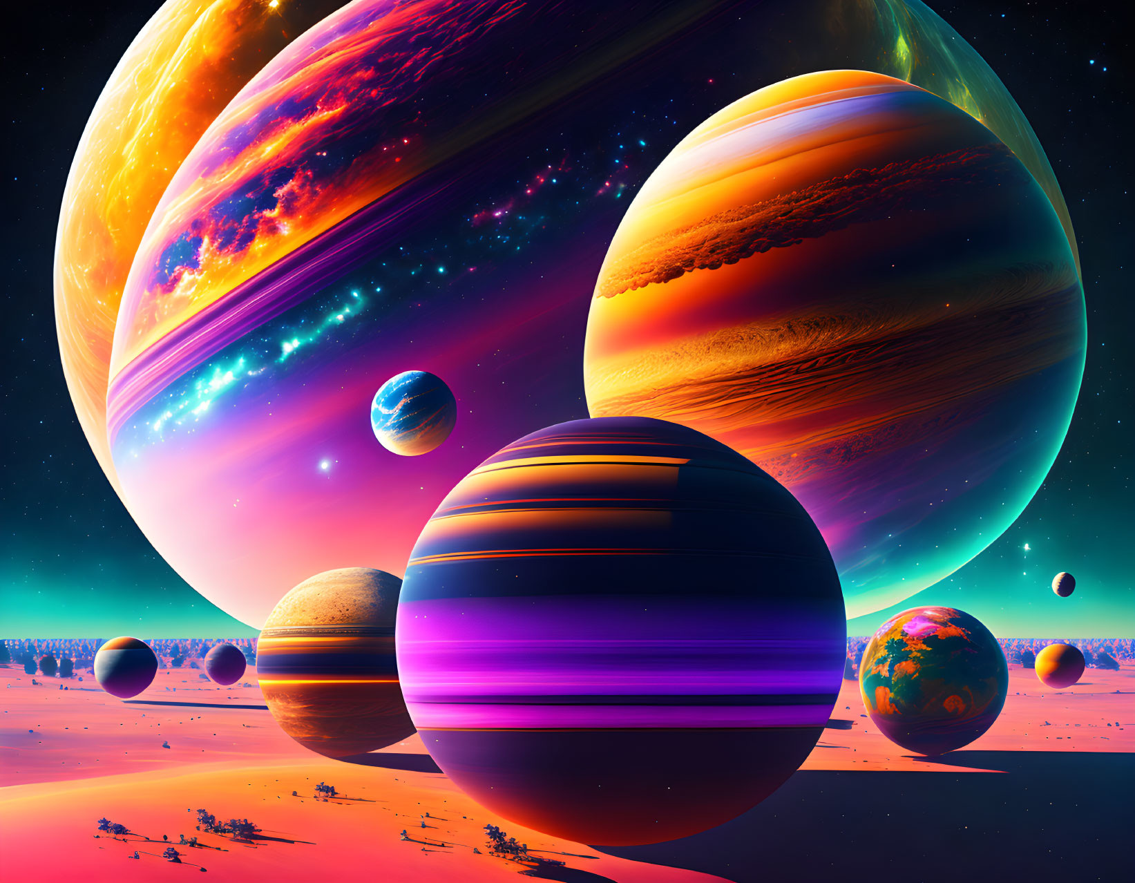 Colorful Alien Landscape with Striped Planets and Stars