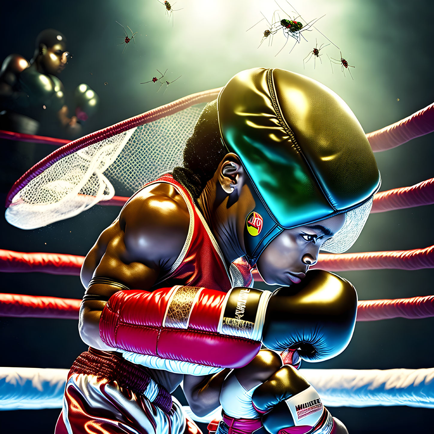 Stylized boxer in digital artwork with futuristic cityscape