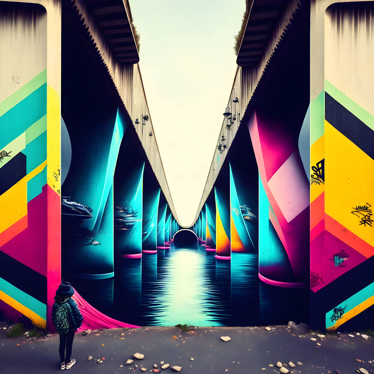 Colorful Geometric Graffiti Mural with Water Reflection Illusion