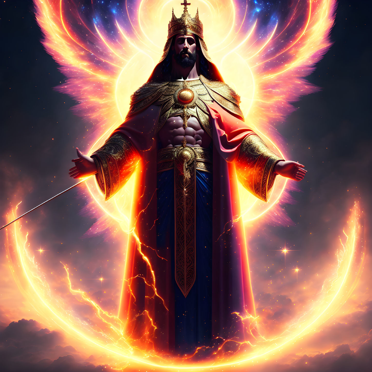 Regal figure in armor with outstretched arms and fiery halo on starry backdrop