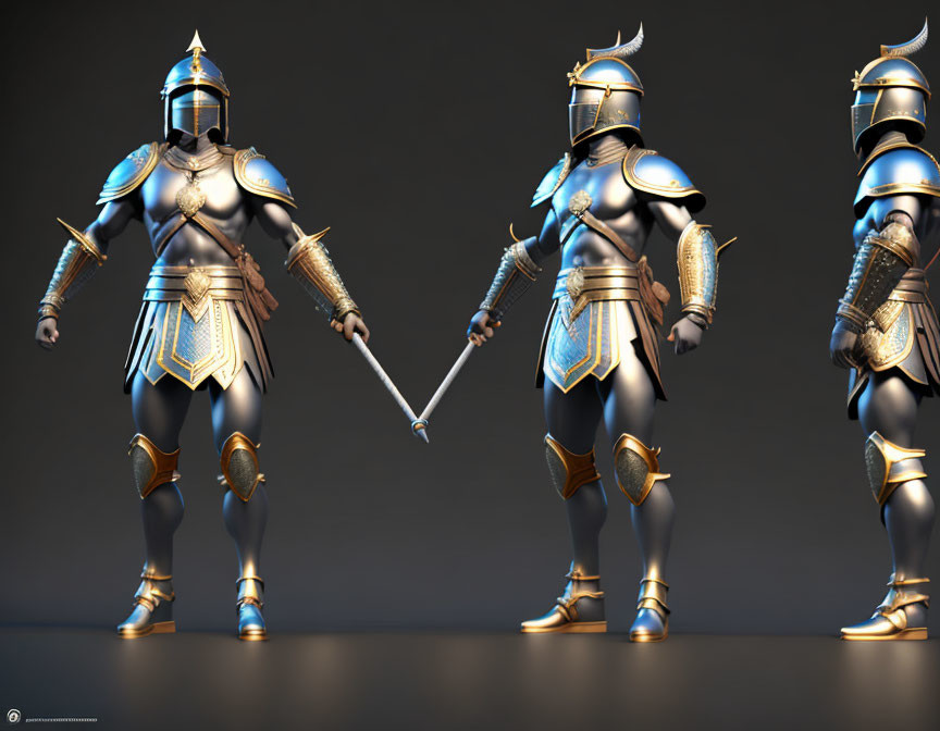 Three armored knights in ornate steel and gold armor holding hands against a dark backdrop