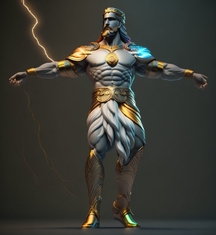 Greek God-Inspired 3D Figure with Lightning and Golden Armor