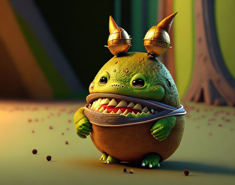 Cartoonish Green Creature with Zipper Mouth on Colorful Background