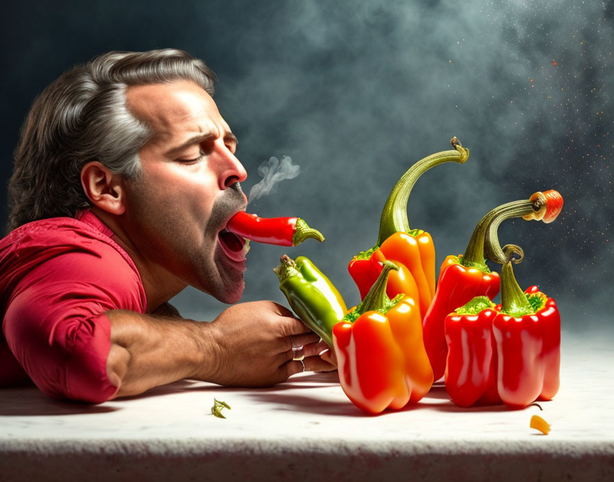 Man in Red Shirt Breathing Fire on Bell Peppers