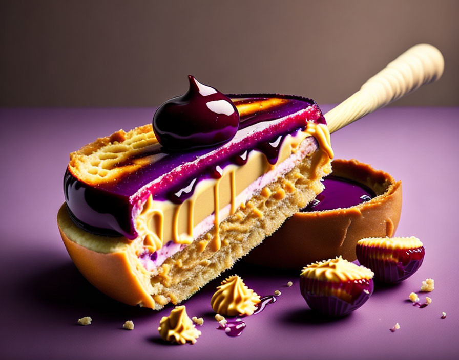 Dessert scene with half-eaten tart, chocolate candies, and dripping spoon