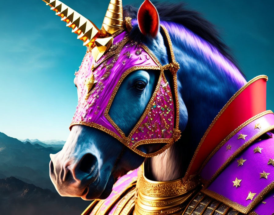 Fantasy horse with unicorn horn in purple and gold armor on blue sky background