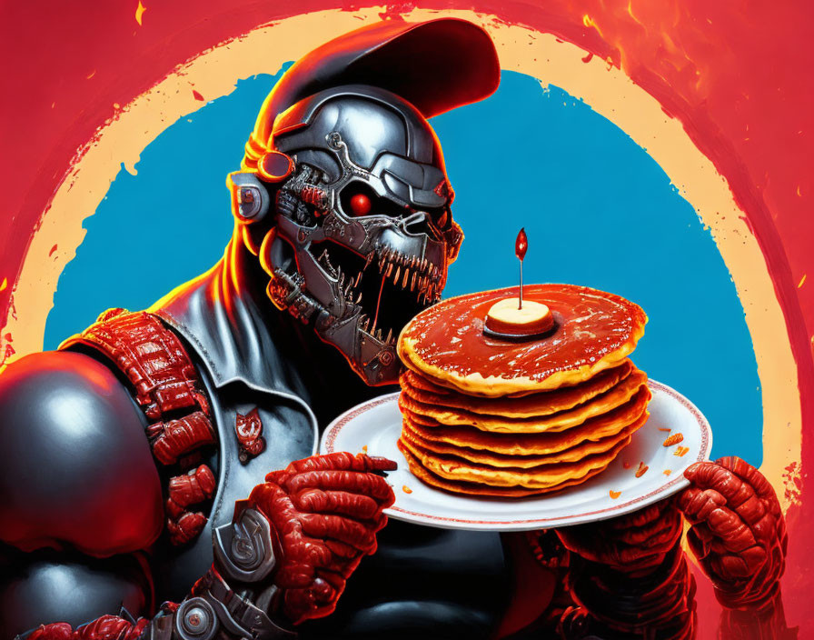 Muscular character in futuristic armor with pancakes and candle on vibrant background