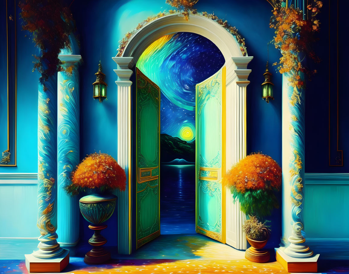 Doorway to Starry Night Scene with Columns, Lanterns, and Plants