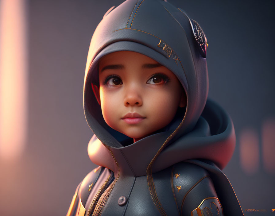 Child 3D rendering in futuristic hooded jacket with metallic details