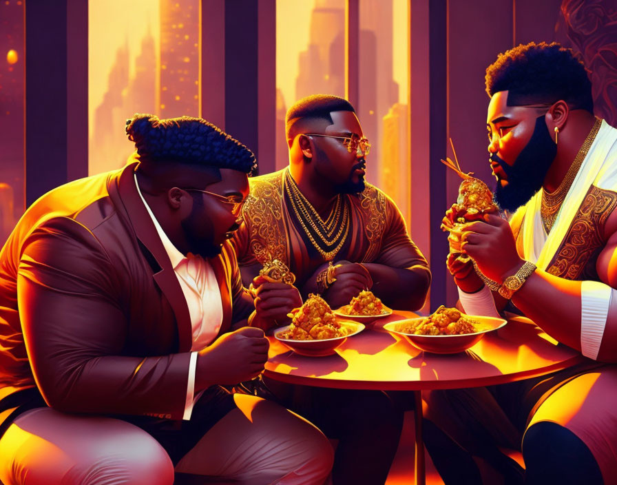 Animated characters eating fried chicken against orange cityscape