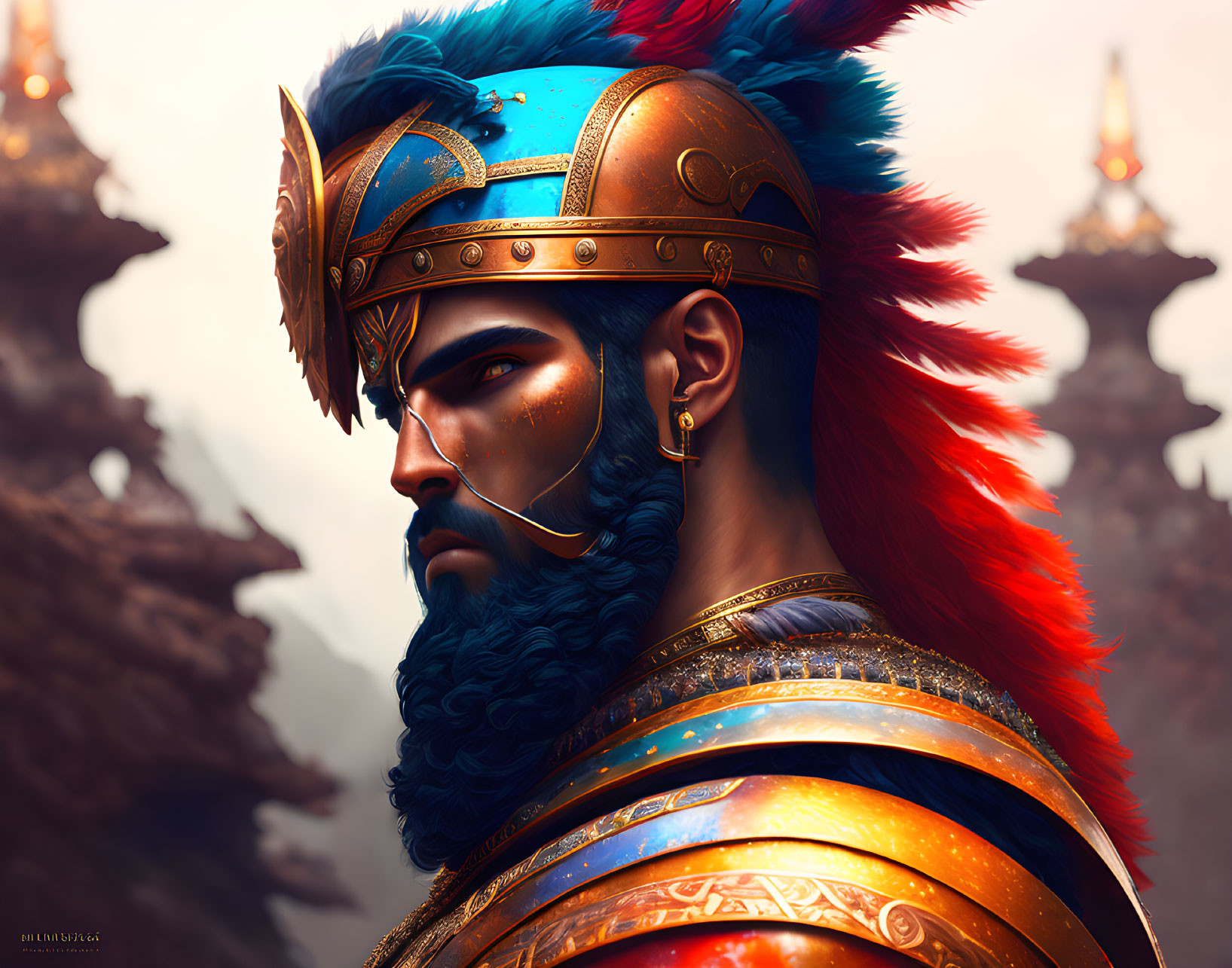 Bearded warrior with blue and gold helmet in digital art