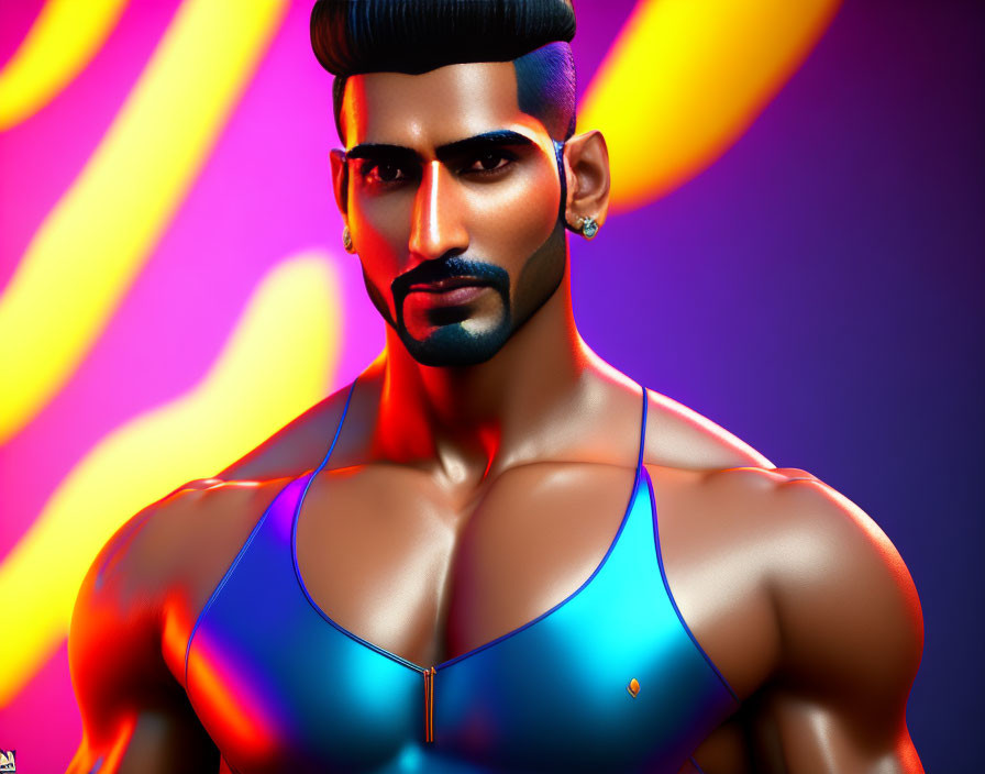 Muscular man in blue tank top on vibrant abstract background