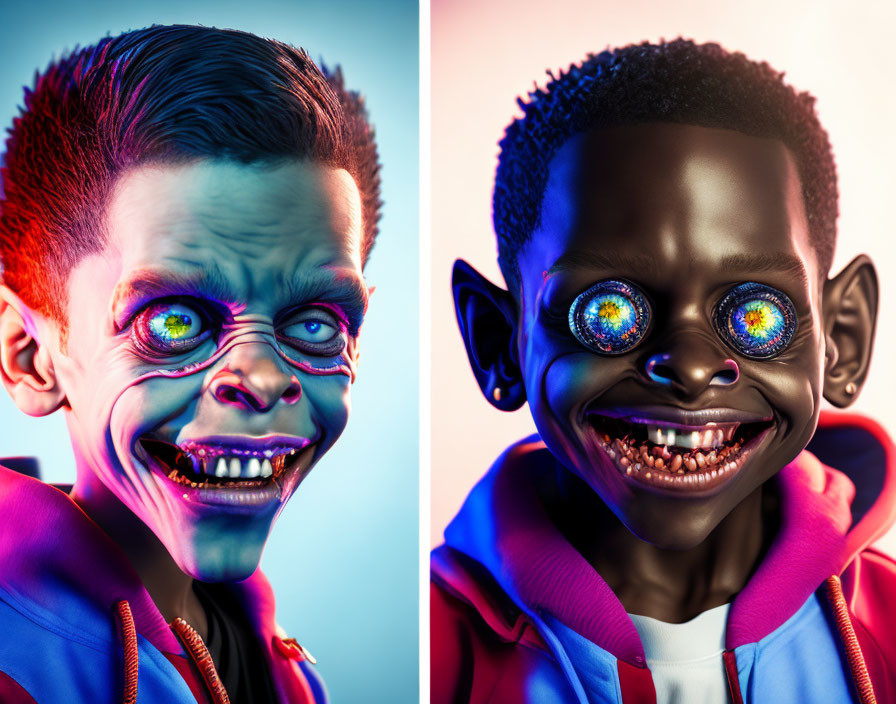 Vivid digital illustrations of exaggerated smiling faces with supernatural features