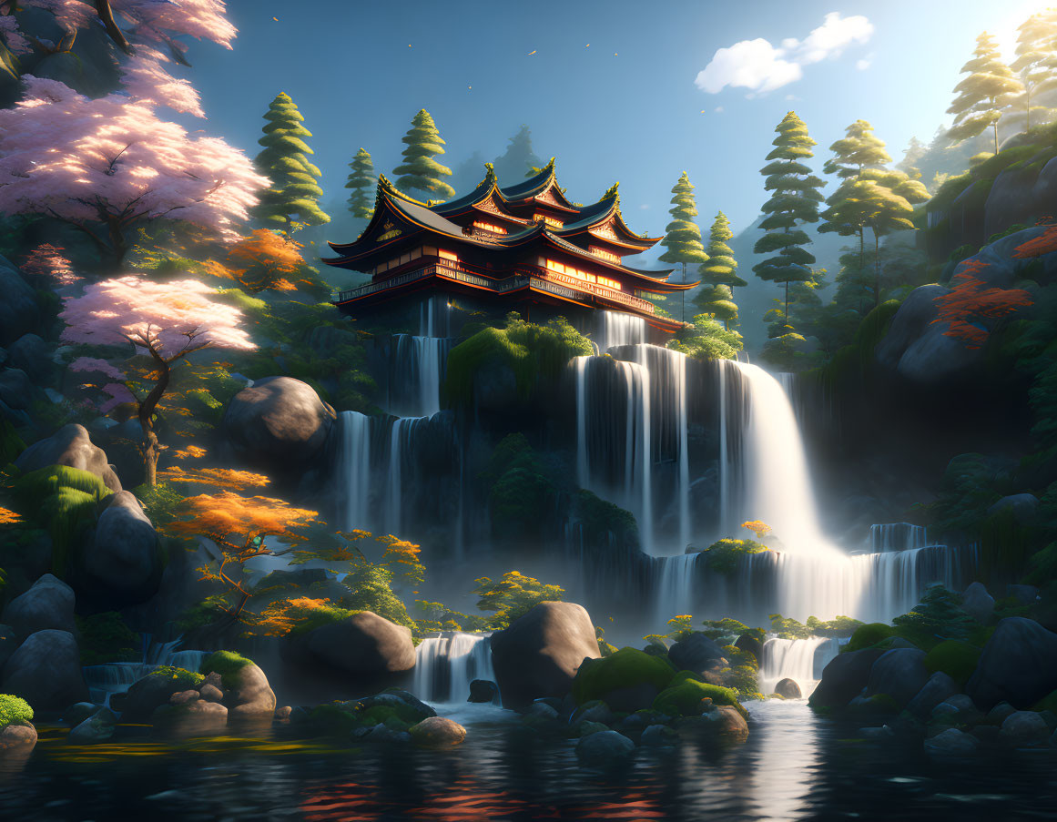 Tranquil Asian-style temple on waterfall in lush forest