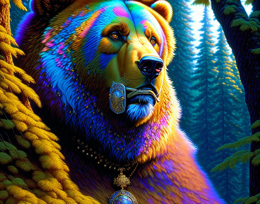 Colorful Bear with Rainbow Fur and Pipe in Forest Background