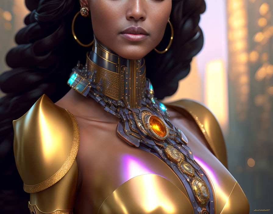 Digital art portrait of a woman in golden armor against futuristic city backdrop