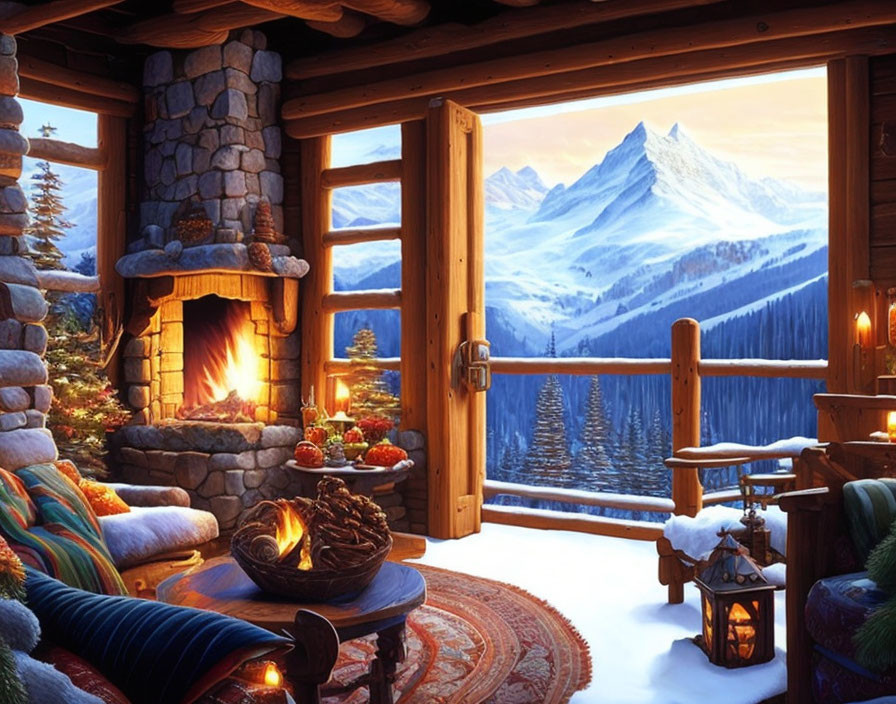 Cozy Cabin Interior with Fireplace and Snowy Mountain View