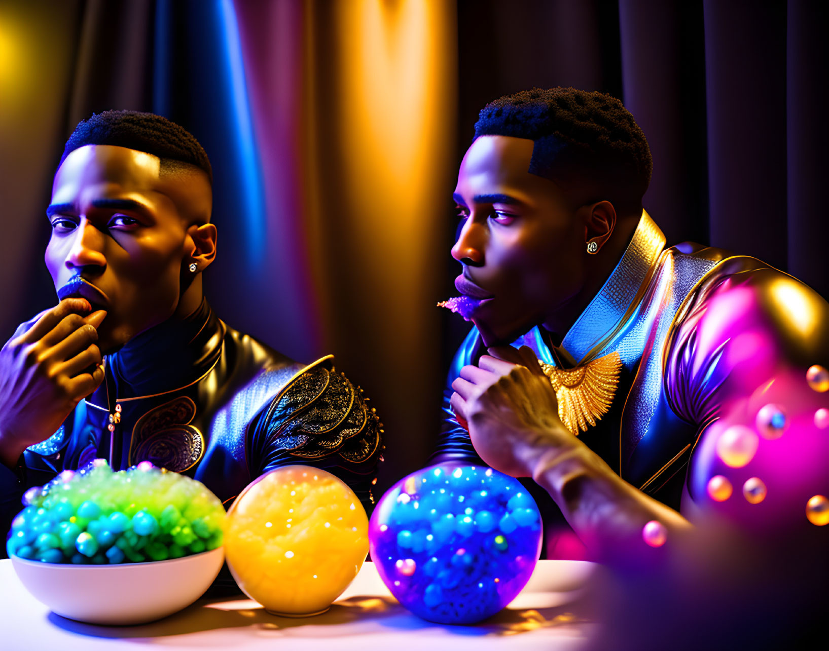 Colorful depiction of two stylized men with glowing accessories in vibrant setting, one enjoying candy in orb