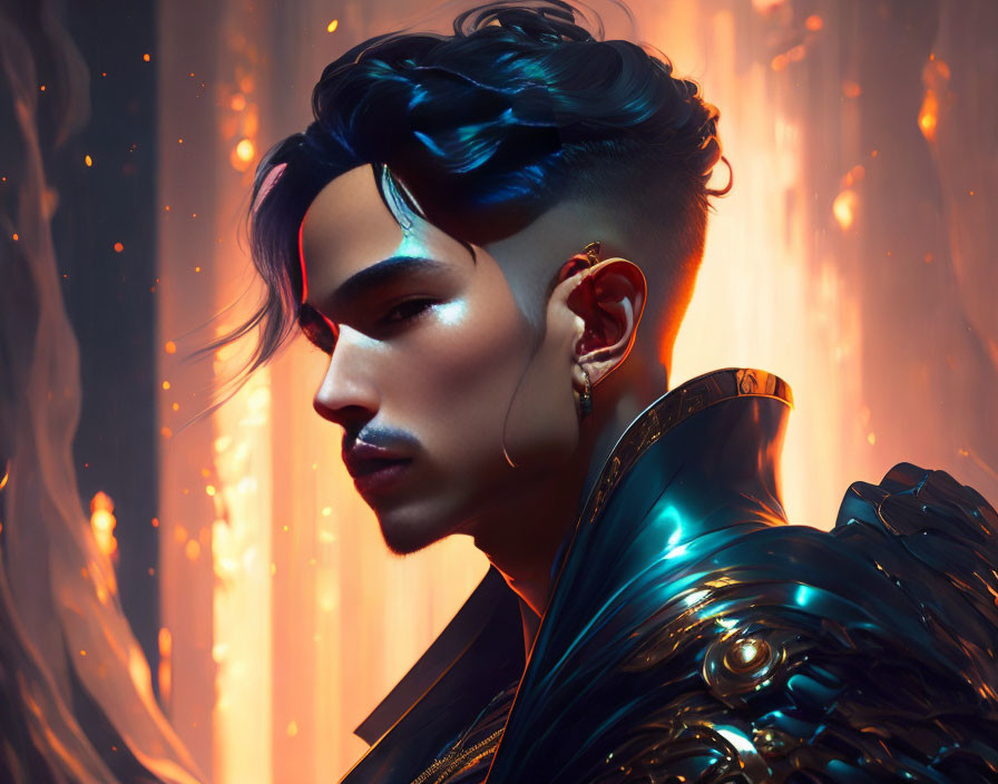 Stylized portrait of person with dark hair, ear jewelry, and reflective armor against fiery backdrop