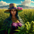 Dark-haired woman in striking makeup surrounded by cannabis field and mountains.