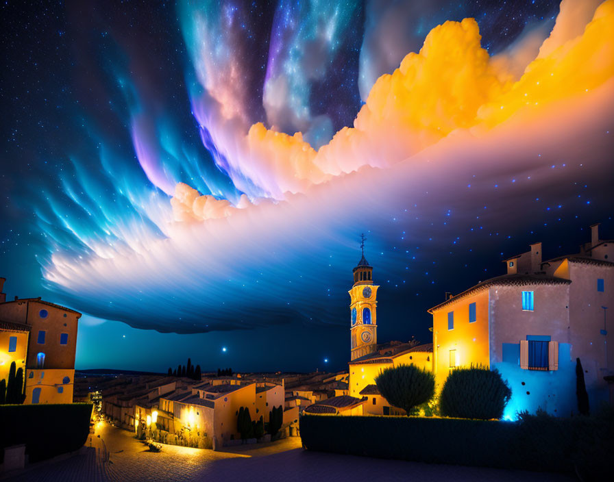 Historical town with vibrant aurora nightscape