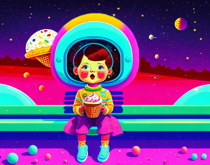 Child in spacesuit with ice cream cone against cosmic background