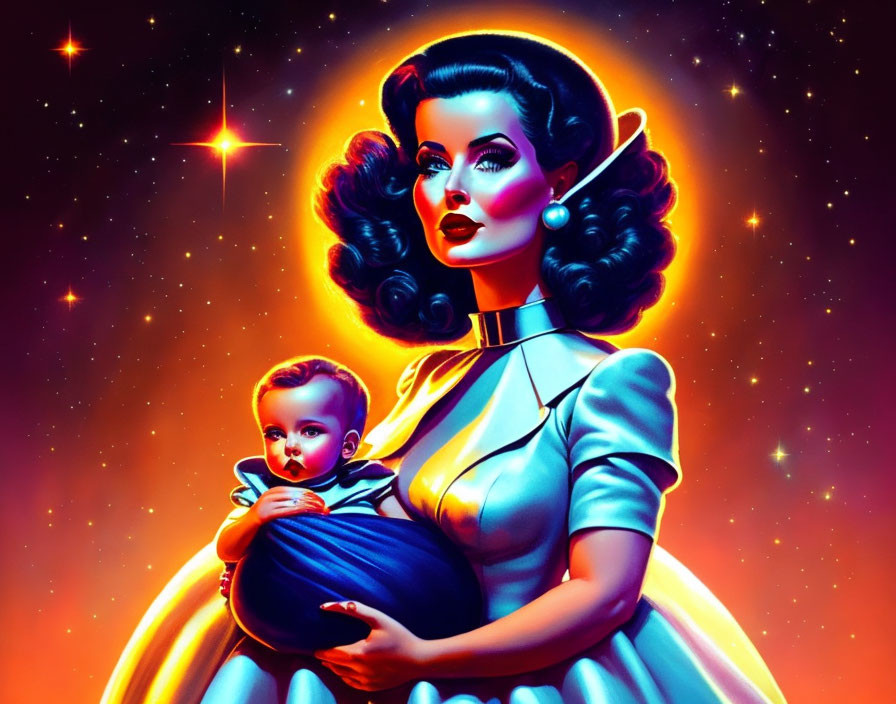 Digital Art: Retro-futuristic woman with baby in neon glow against cosmic backdrop