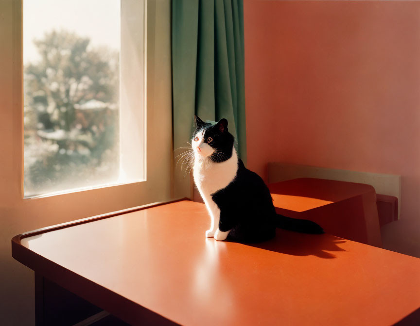 Black and white cat sitting on sunlit orange table by window with green curtains