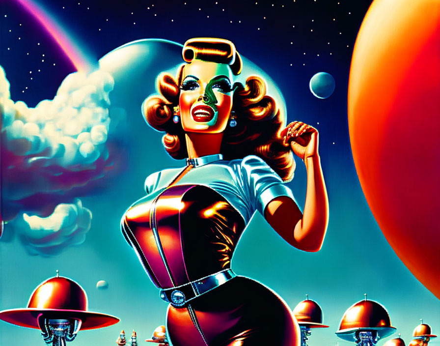 Retro-futuristic woman in silver dress against space backdrop