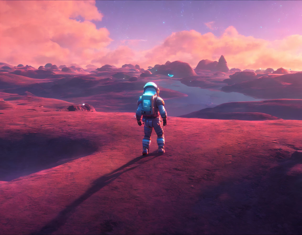 Purple-Hued Alien Landscape with Astronaut on Rocky Terrain