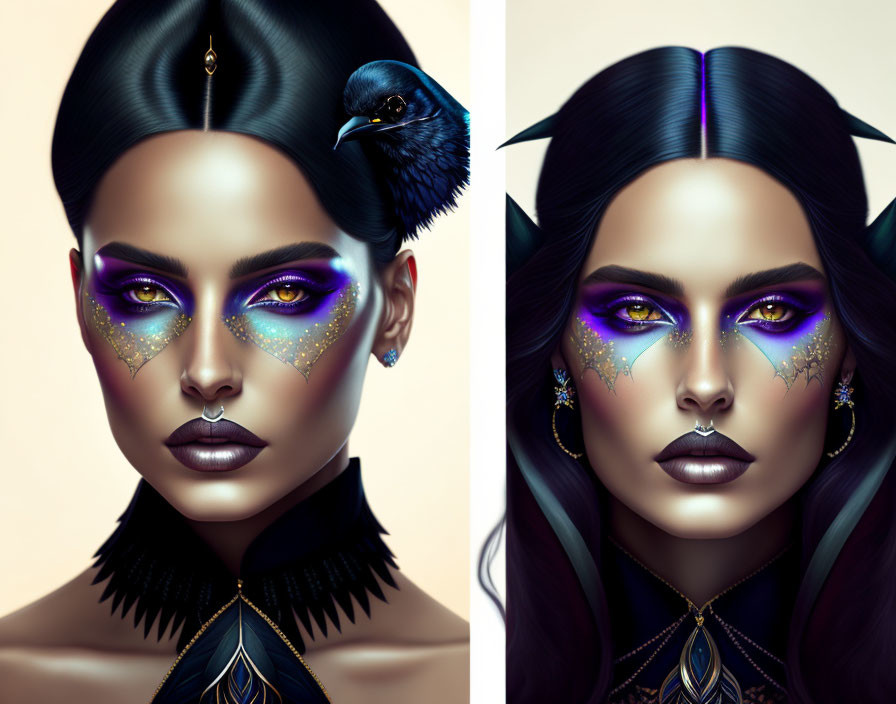 Stylized portraits of a woman with vibrant purple eye makeup and gold accents, one with a r