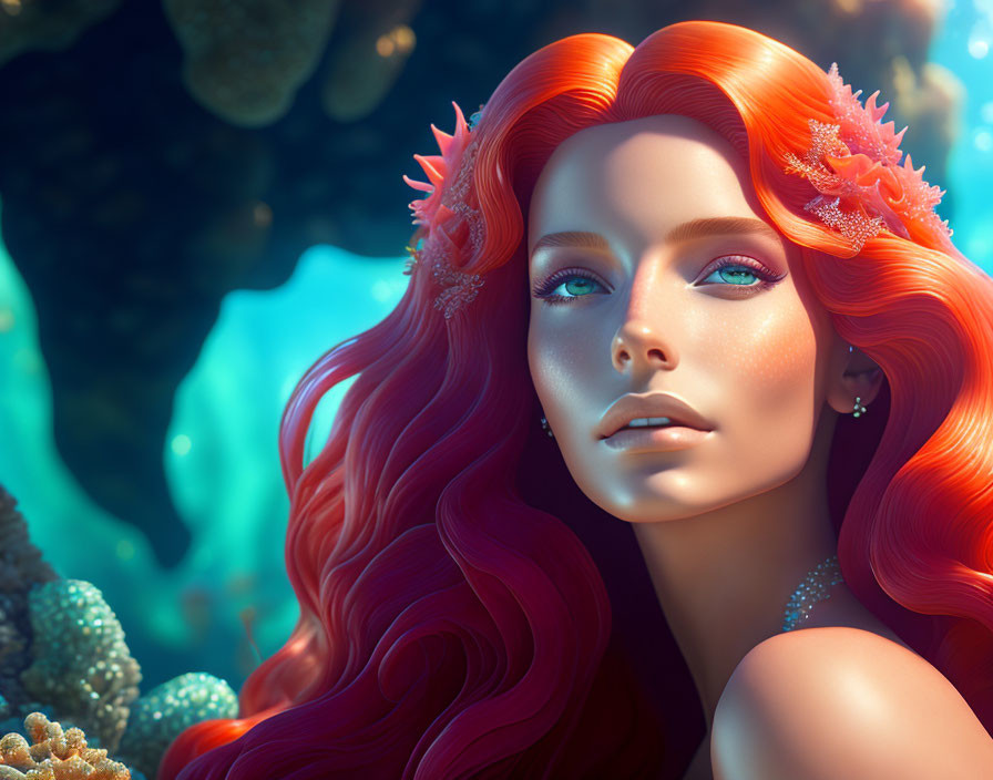 Digital art portrait of woman with vibrant red hair and oceanic background, coral-like adornments, serene